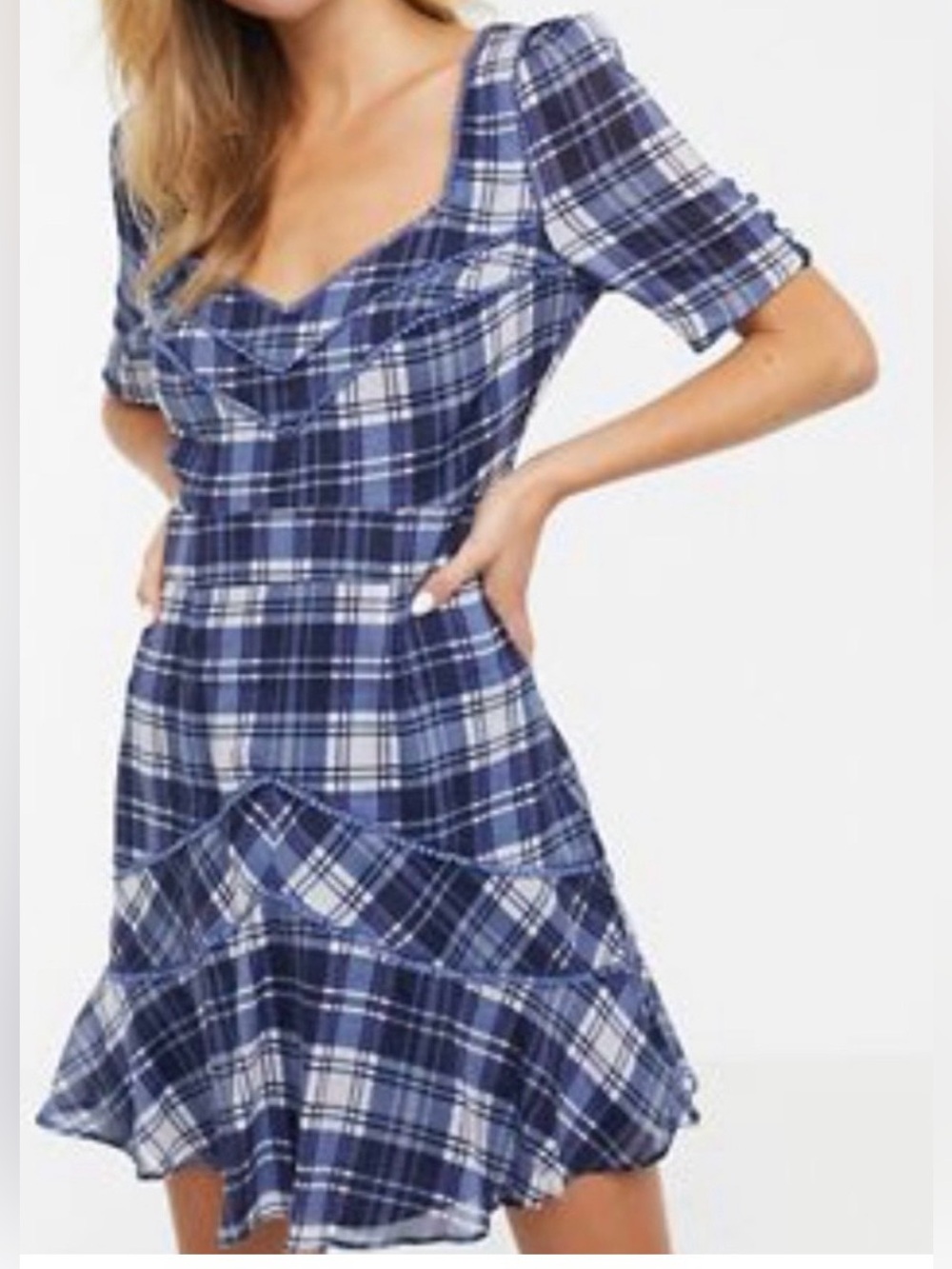 Stevie May Devon Mini Dress Medium Navy Blue Plaid Pom Puff Sleeve Cottagecore